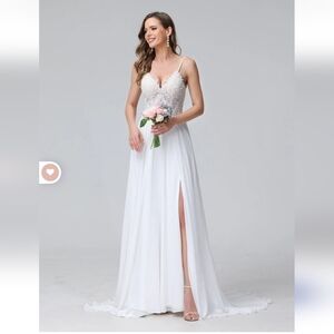 A-Line Spaghetti Straps V-Neck Sleeveless Long Chiffon Wedding Dress